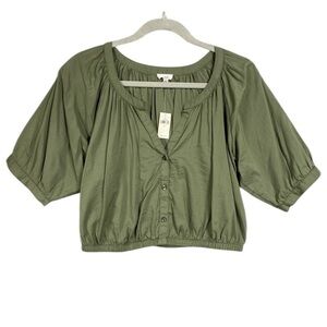 NEW Aerie Cottage Cropped Button Up Blouse Womens Size S Olive Green V Neck